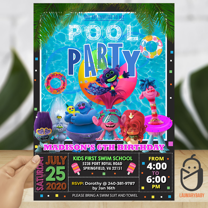 trolls pool party birthday invitation