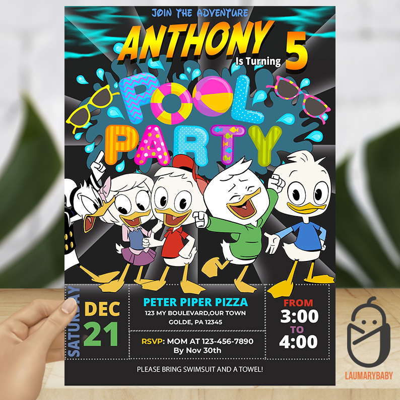 Ducktales pool party birthday invitation