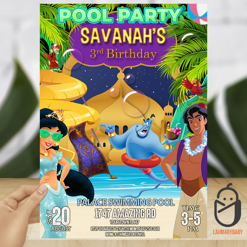 Aladdín Pool Party Birthday Invitation