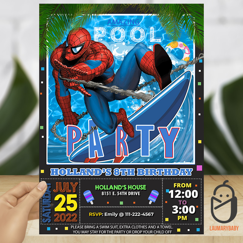 Spiderman Pool Party Birthday Invitation