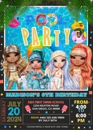 Rainbow High Pool Party Birthday Invitation