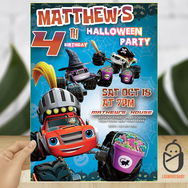 Blaze and the Monster Machines Halloween Birthday Invitation