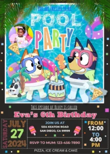 Bluey Pool Party Birthday Invitation Template
