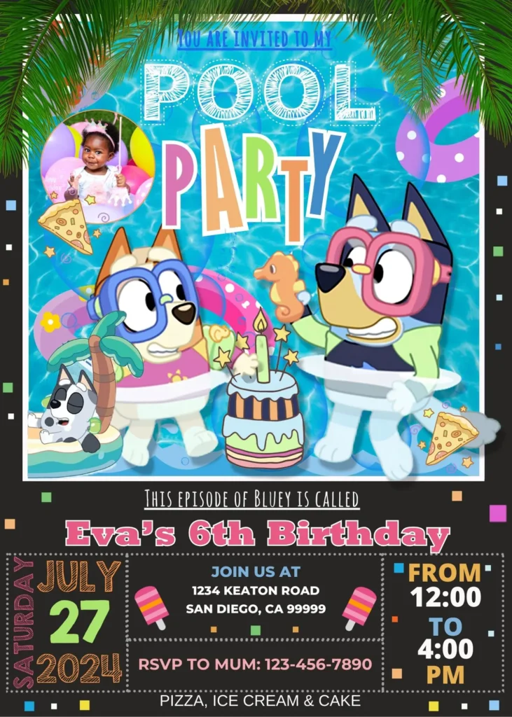 Bluey Pool Party Birthday Invitation Template