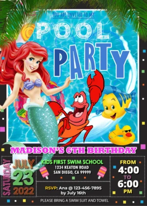 Little Mermaid Pool Party Birthday Invitation