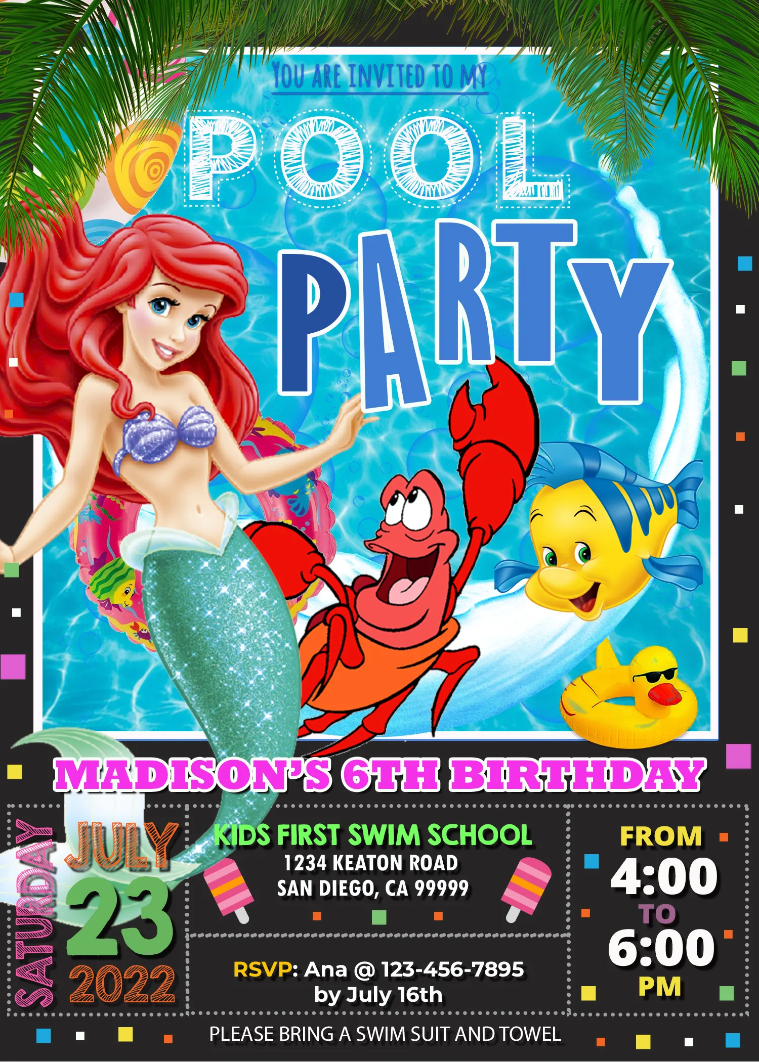 Little Mermaid Pool Party Birthday Invitation Template - Laumarybaby, image size:1500x2100