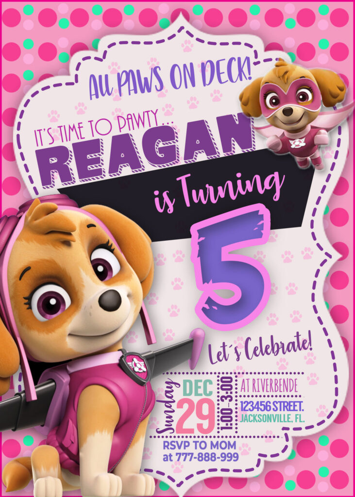 Paw Patrol Girl Birthday Invitatio, Free Backside, Thank You card and Photo add on
