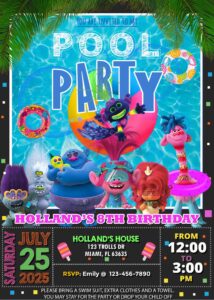 Trolls Pool Party Birthday Invitation