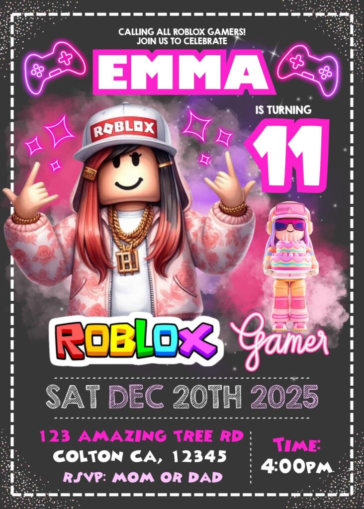 Editable Roblox Girl Birthday Invitation