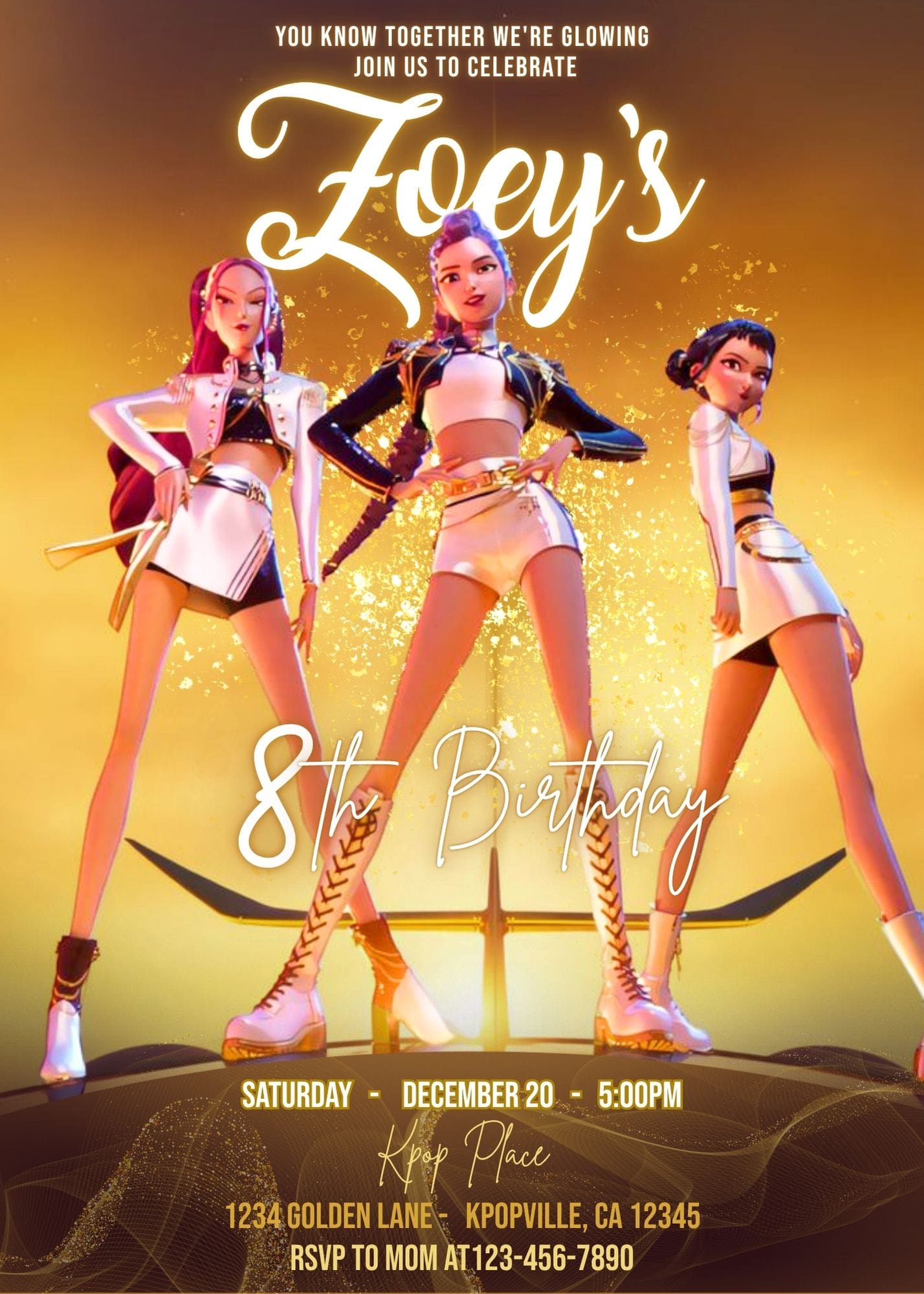 Editable Kpop Demon Hunters Golden Birthday Invitation