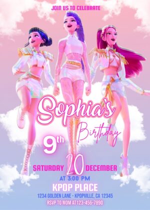 Editable Kpop Demon Hunters Pink Birthday Invitation