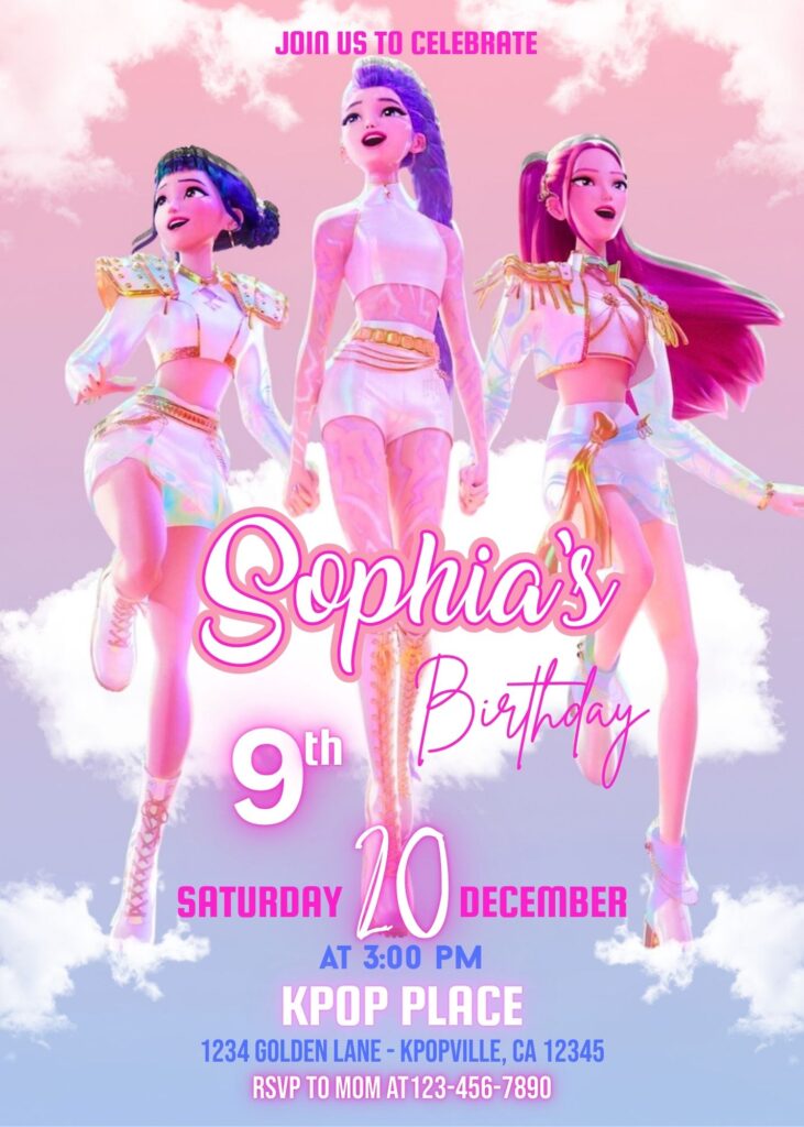Cute Kpop Demon Hunters Birthday Invitation Template