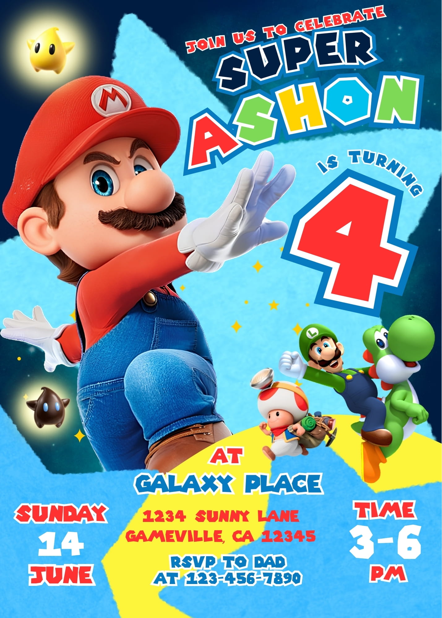Amazing Mario Galaxy Birthday Invitation Template