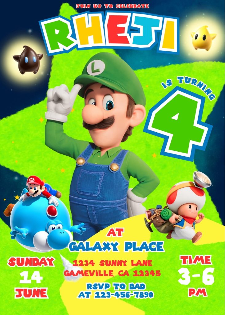 AWESOME MARIO GALAXY LUIGI BIRTHDAY INVITATION TEMPLATE