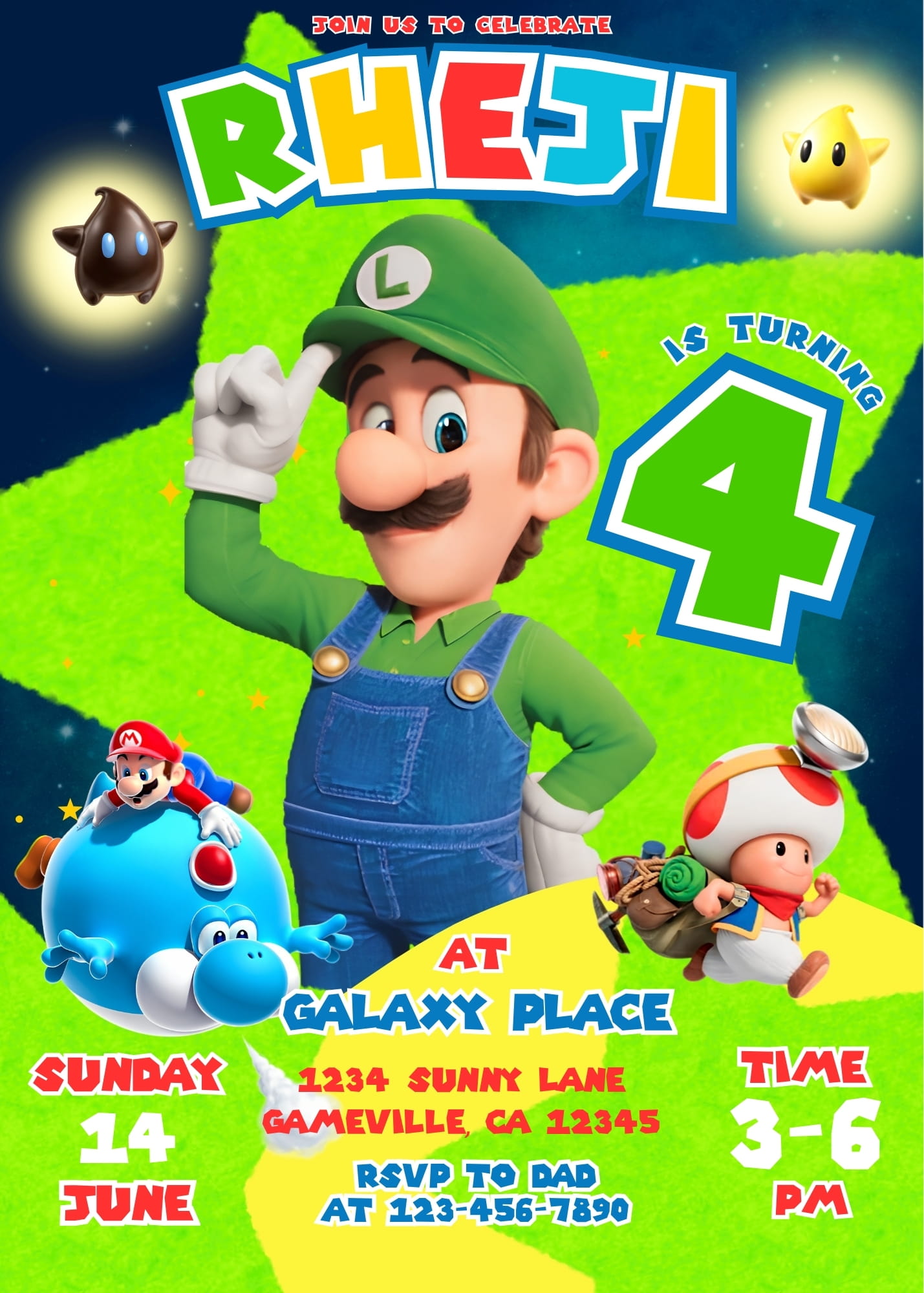 Awesome Mario Galaxy Luigi Birthday Invitation Template