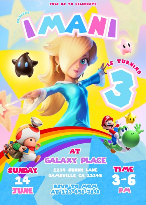 AWESOME MARIO GALAXY ROSALINA BIRTHDAY INVITATION TEMPLATE