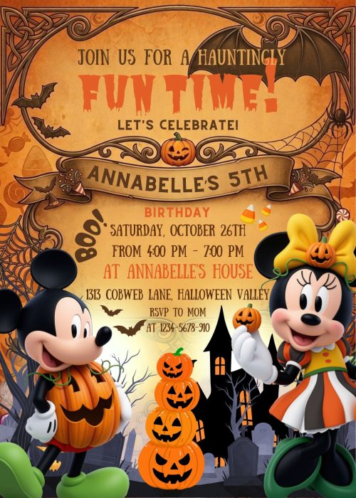 Awesome Mickey & Minnie Halloween Birthday Invitation Template