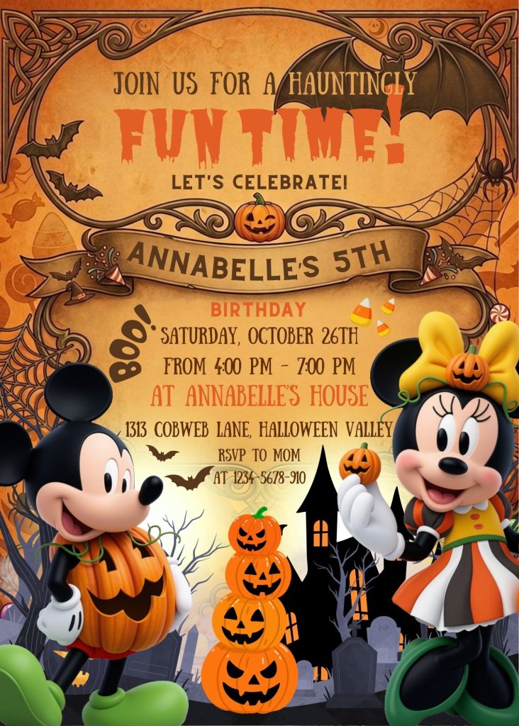 Awesome Mickey & Minnie Halloween Birthday Invitation Template