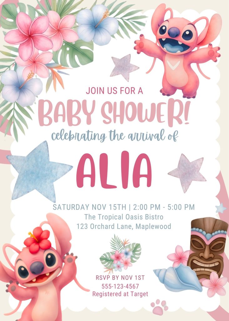 Cute Stitch Angel Baby Shower Invitation Template