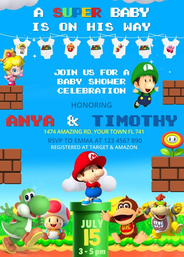Beautiful Super Mario Baby Shower Invitation Template