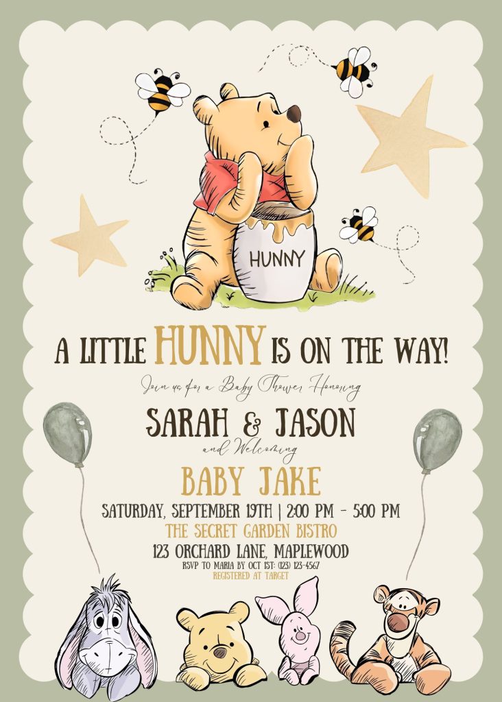 Cute Winnie the Pooh Baby Shower Invitation Template